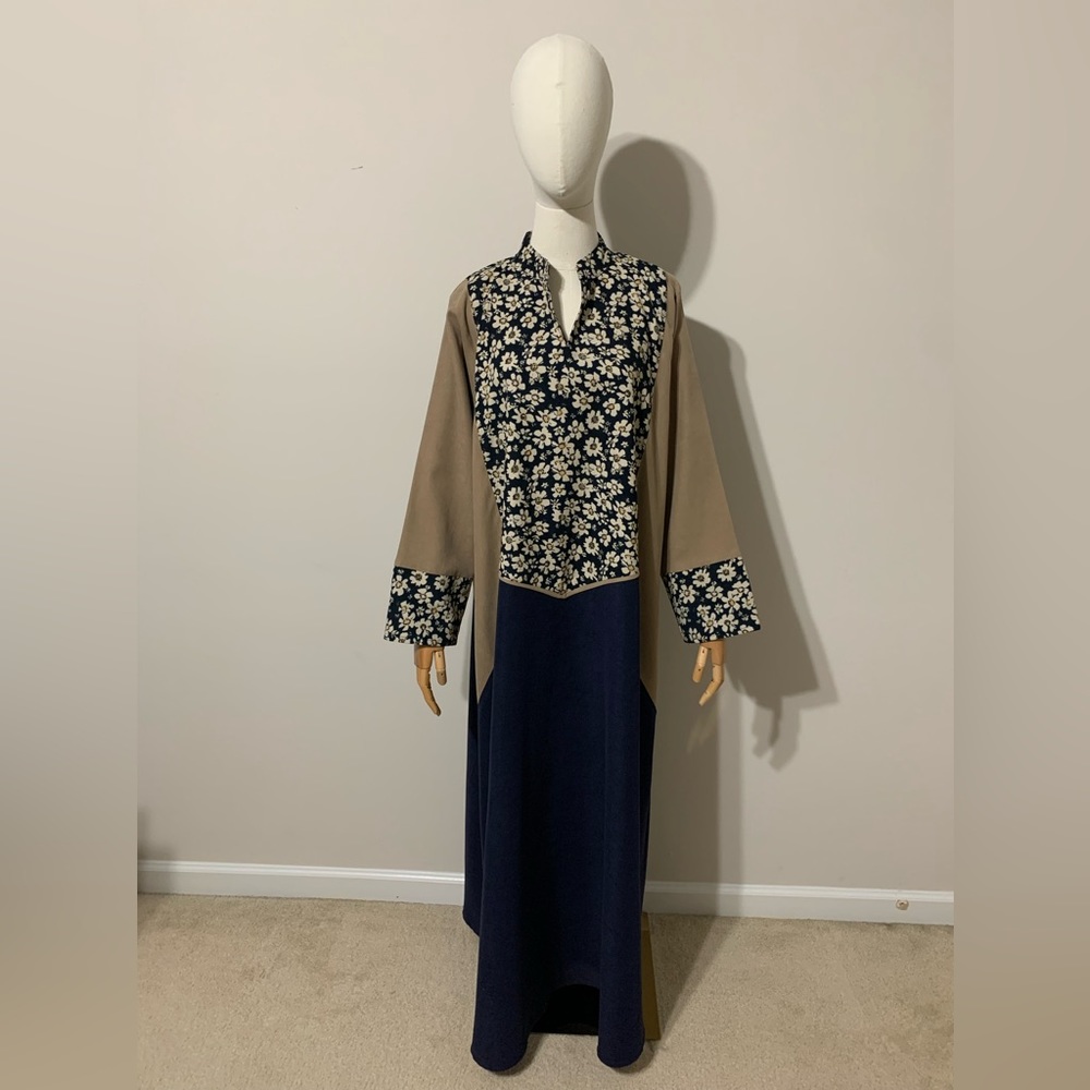 Navy Blue and Tan Floral Soft Suede Corduroy Dress / Arab Traditional Abaya